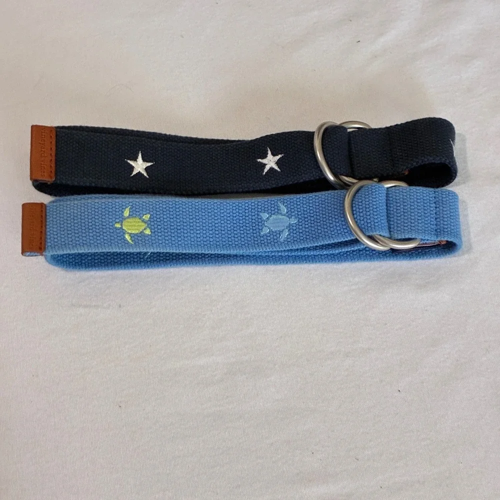 2 Vineyard Vines D-Ring Belts Boys Medium Blue Navy Stars Turtles Preppy Beach